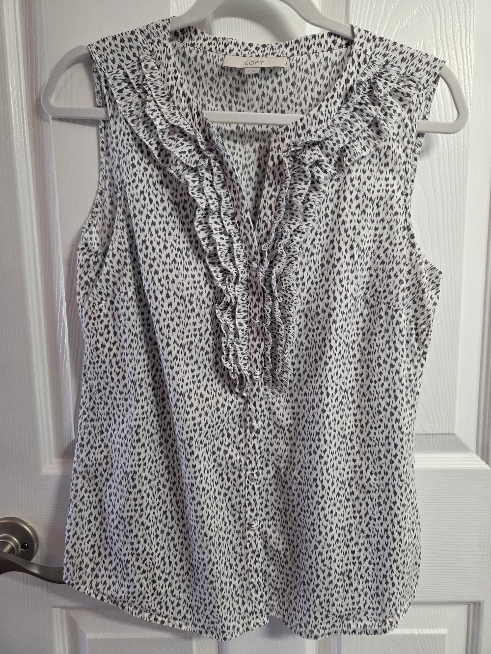 LOFT White and Black Ruffle V-Neck Sleeveless Blouse